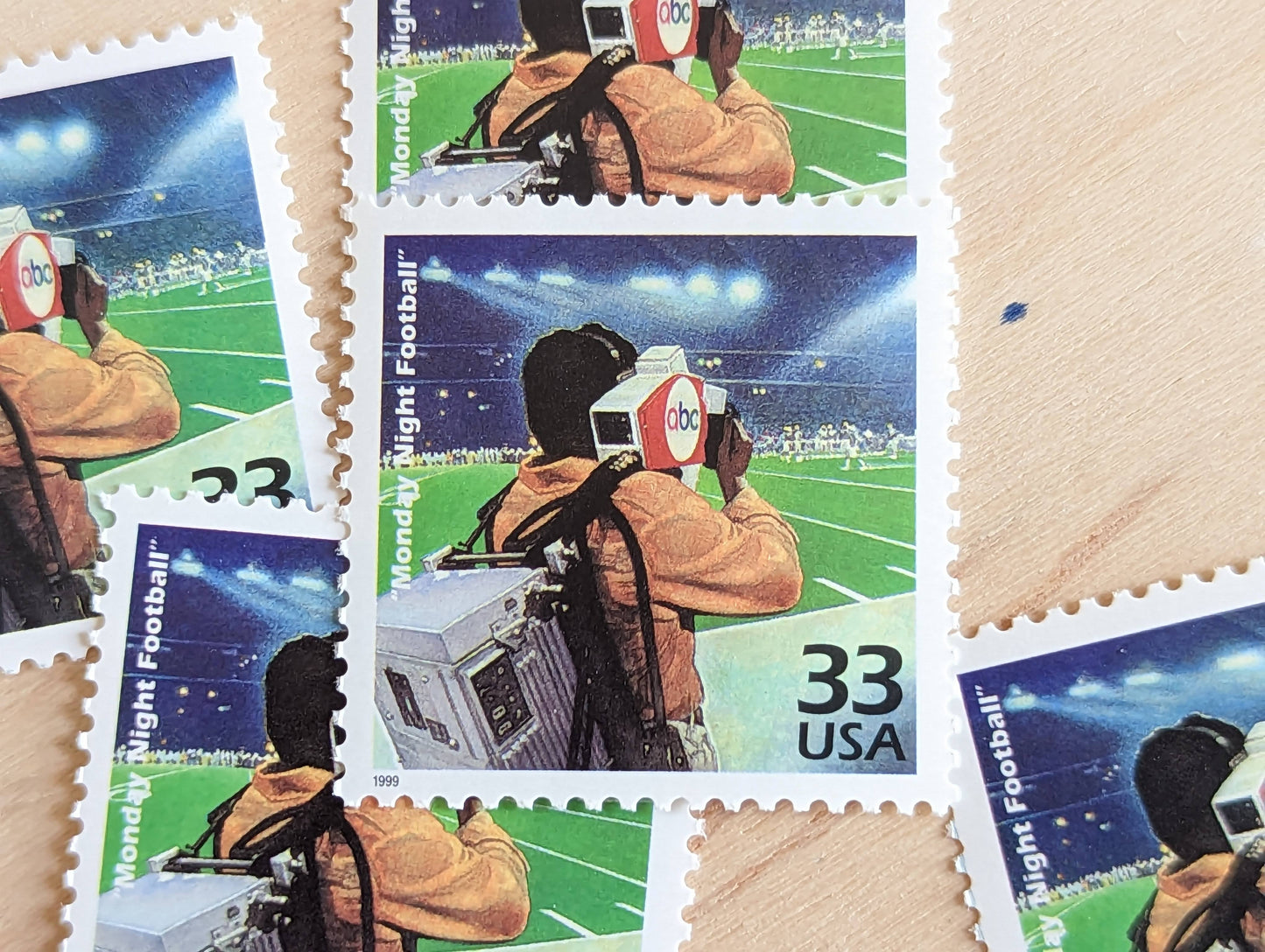 5 Monday Night Football Stamps, Joe Schiavo 33 Cent Stamp, 1998, 1970s Celebrate The Century, Unused Postage Stamps