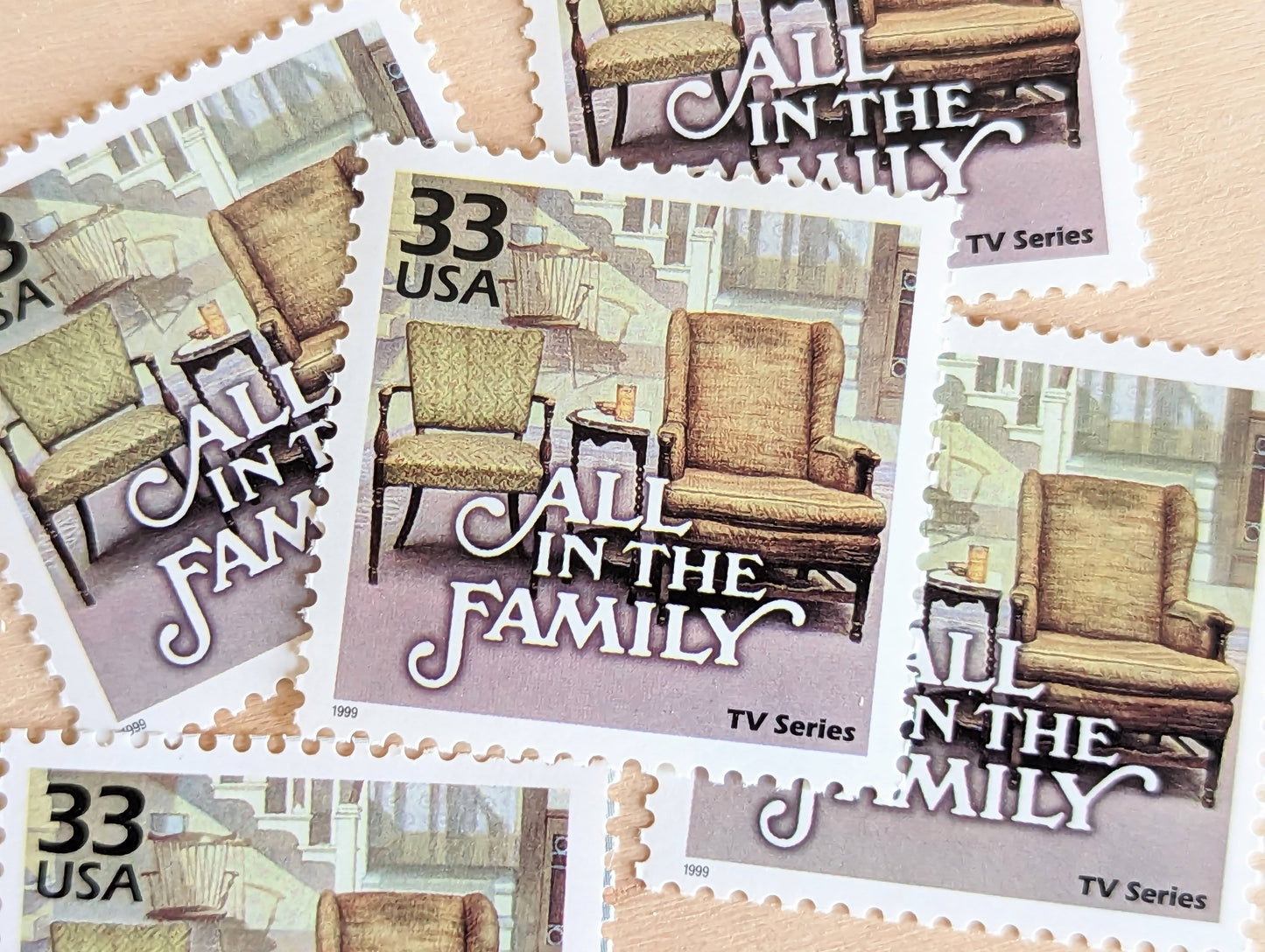 5 "All in the Family" Stamps, 33 Cent, 1999, 1970s Celebrate The Century, Unused Postage Stamps