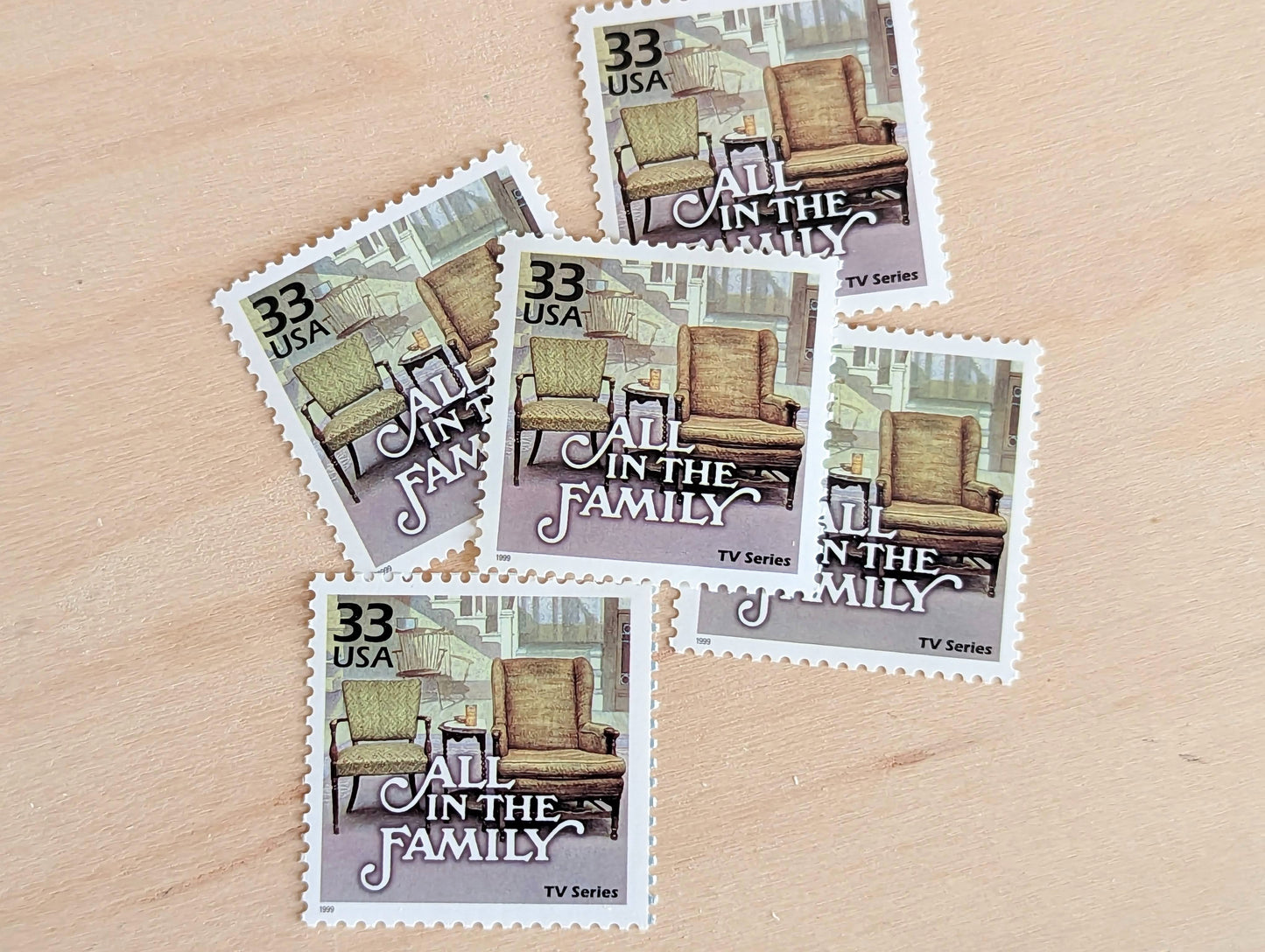 5 "All in the Family" Stamps, 33 Cent, 1999, 1970s Celebrate The Century, Unused Postage Stamps