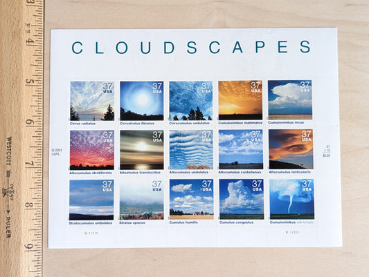 Cloudscapes, Sheet of 15, Vintage Unused USPS 37 Cent Postage Stamps, Cloud Formations (Cumulus, Stratus, Cirrus), 2003, Self-Adhesive