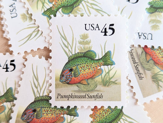 10 Pumpkinseed Sunfish Stamps, 1992 Unused Postage Stamps, 45 Cent Stamps