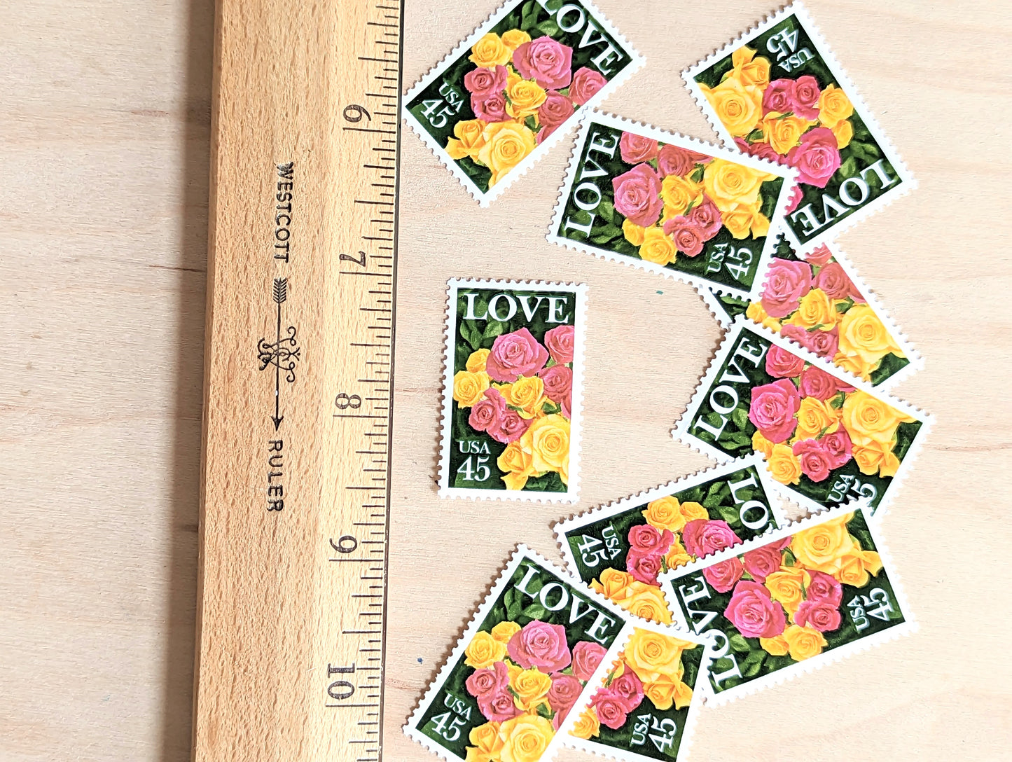 Love Rose, Set of 10, Vintage Unused USPS 45 Cent Postage Stamps, Love Series, 1988, Gummed