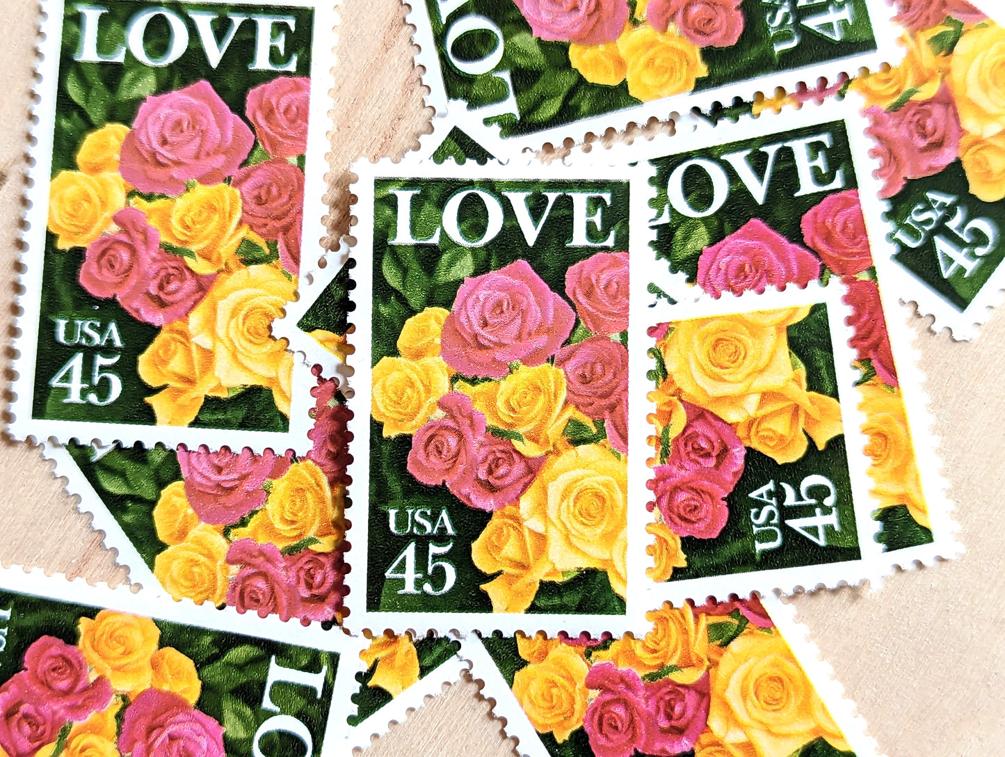 Love Rose, Set of 10, Vintage Unused USPS 45 Cent Postage Stamps, Love Series, 1988, Gummed