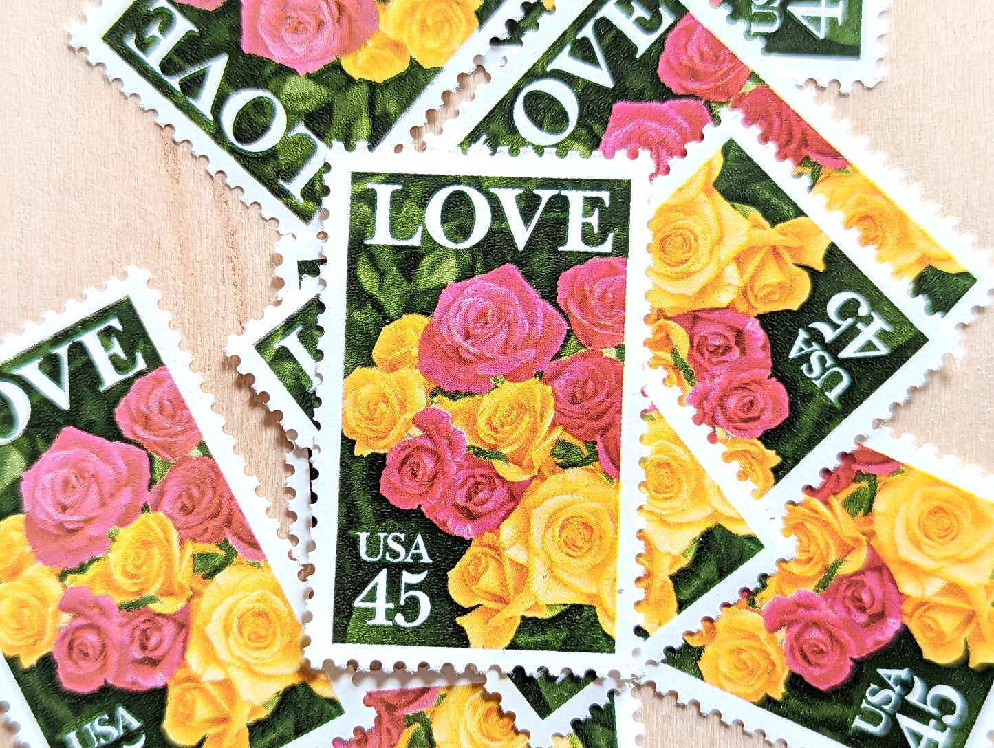 Love Rose, Set of 10, Vintage Unused USPS 45 Cent Postage Stamps, Love Series, 1988, Gummed