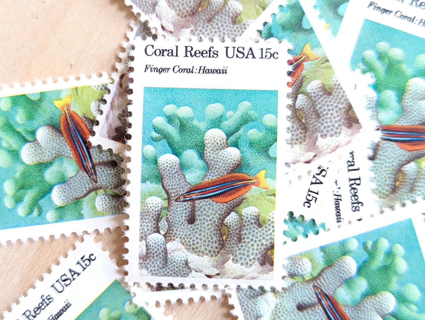 Coral Reefs stamps, 1980 Unused Postage Stamps, 15 Cent Stamps, Finger Coral, Brain Coral, Chalice Coral and Elkhorn Coral