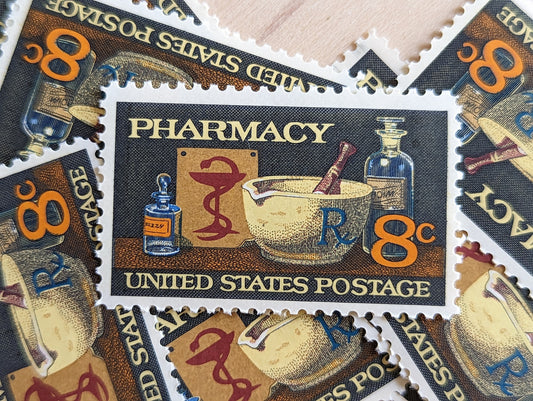 Pharmacy, Vintage Unused USPS 8 Cent Postage Stamps, Pharmacy Stamps, 1972, Gummed