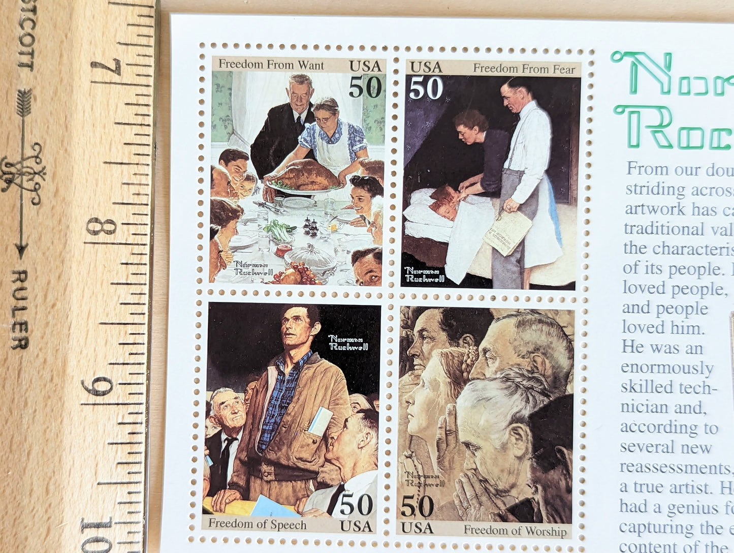 Norman Rockwell Souvenir Stamp Sheet, 1993 Unused Postage Stamps, 50 Cent Stamps