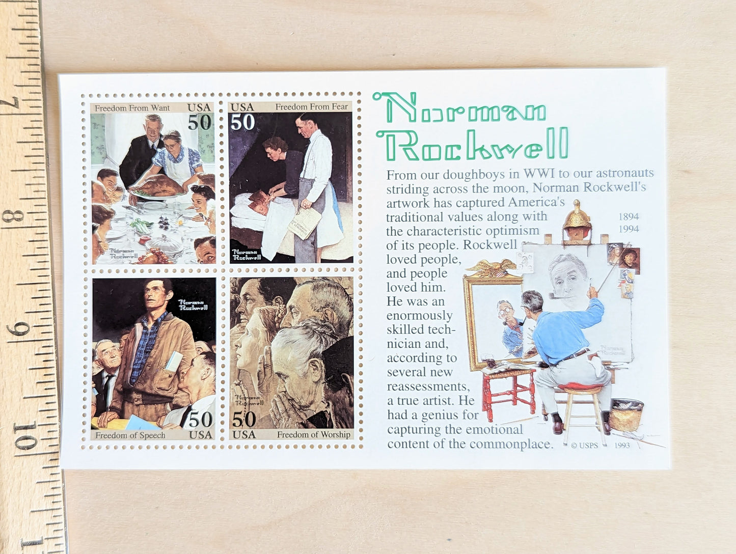 Norman Rockwell Souvenir Stamp Sheet, 1993 Unused Postage Stamps, 50 Cent Stamps