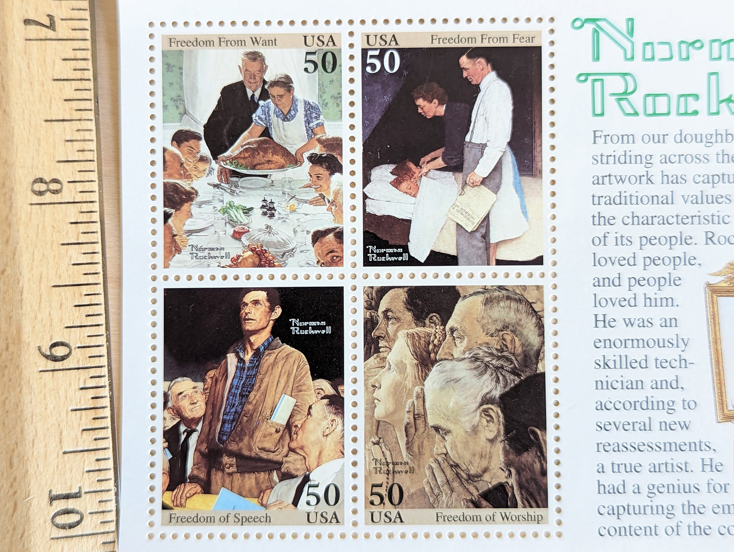 Norman Rockwell Souvenir Stamp Sheet, 1993 Unused Postage Stamps, 50 Cent Stamps