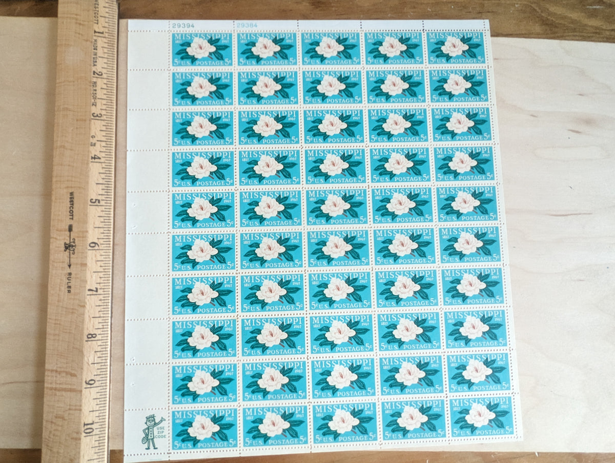 10 Mississippi stamps, Statehood Stamps,1967 Unused Postage Stamps, 5 Cent Stamps
