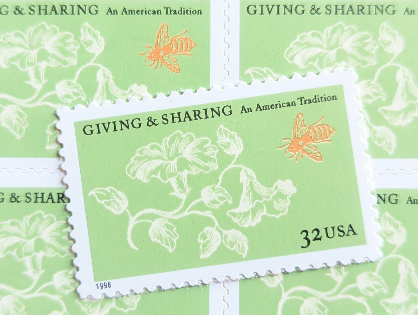 Giving and Sharing An American Tradition, Vintage Unused USPS 32 Cent Postage Stamps, Giving and Sharing Stamps, 1998, Gummed