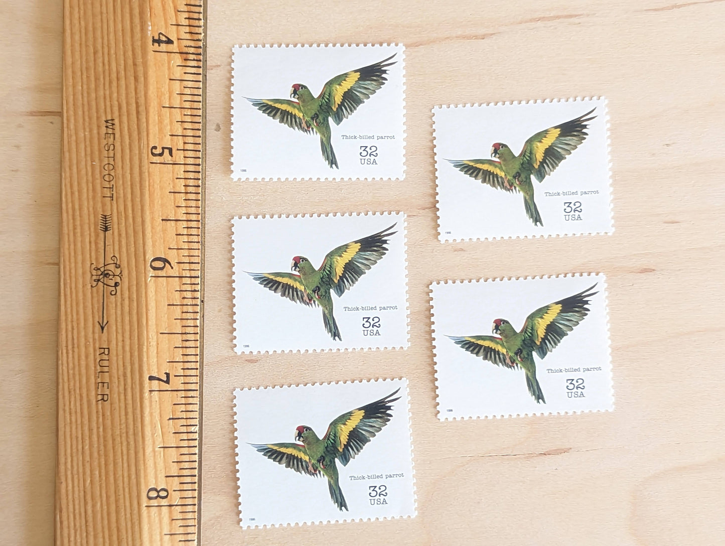 5 Thick Billed Parrot Stamps, 32 Cent Unused Postage Stamps, Endangered Species 1995