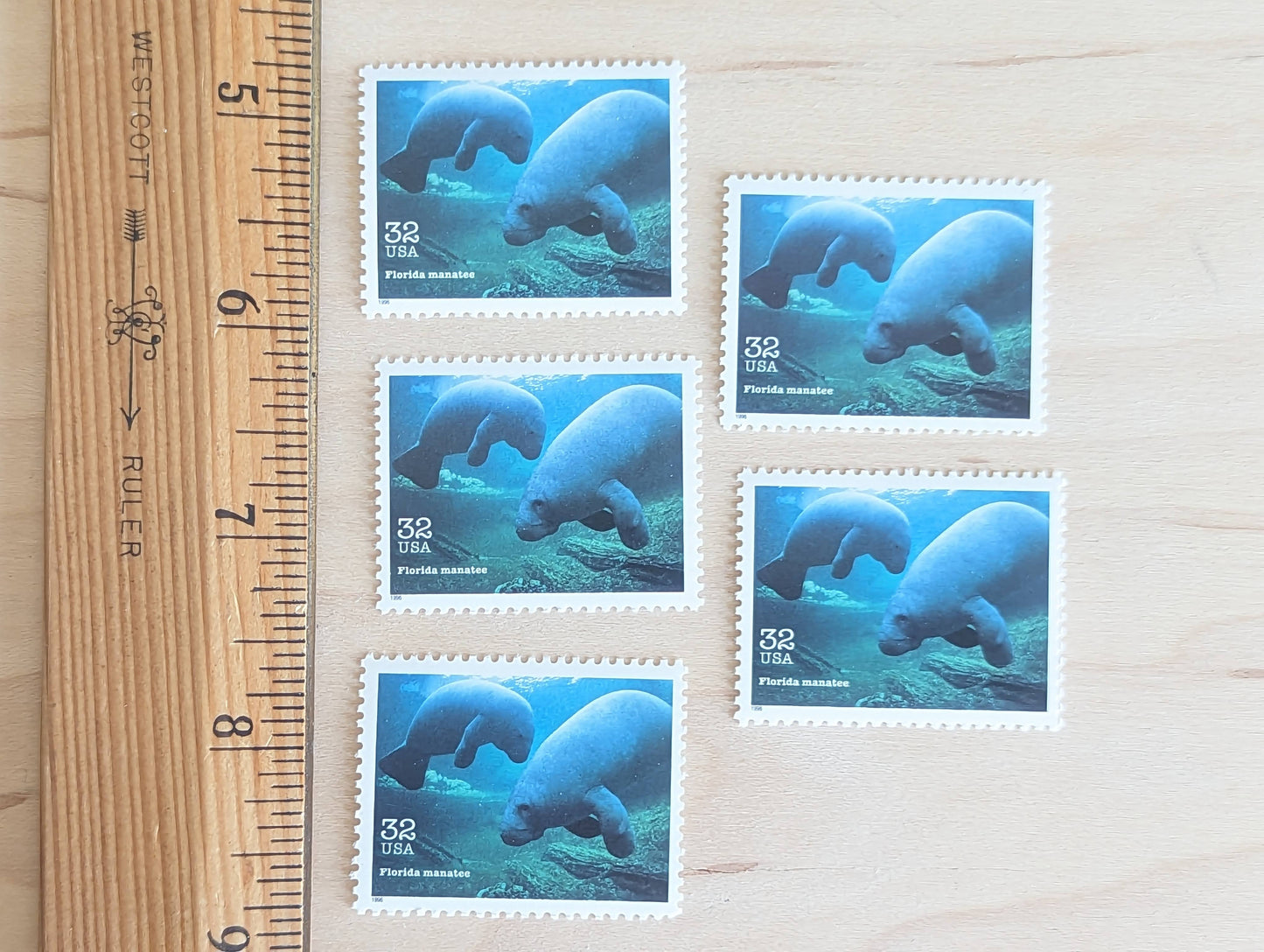 5 Florida Manatee Stamps, 32 Cent Unused Postage Stamps, Endangered Species 1995