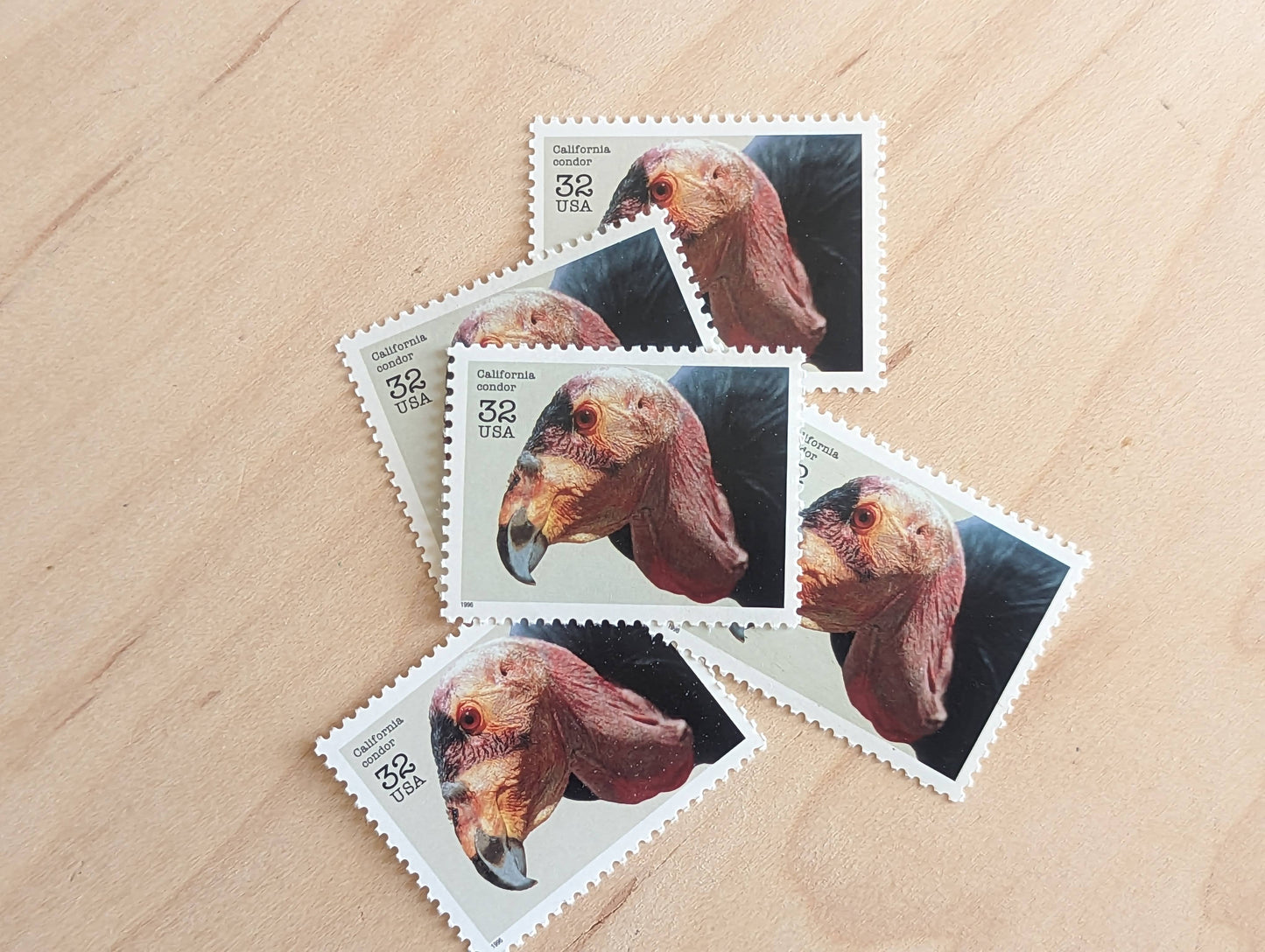 5 California Condor Stamps, 32 Cent Unused Postage Stamps, Endangered Species 1995