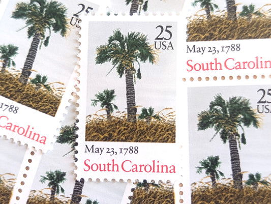 South Carolina, Vintage Unused USPS 25 Cent Postage Stamps, State Stamps (South Carolina), 1988, Gummed