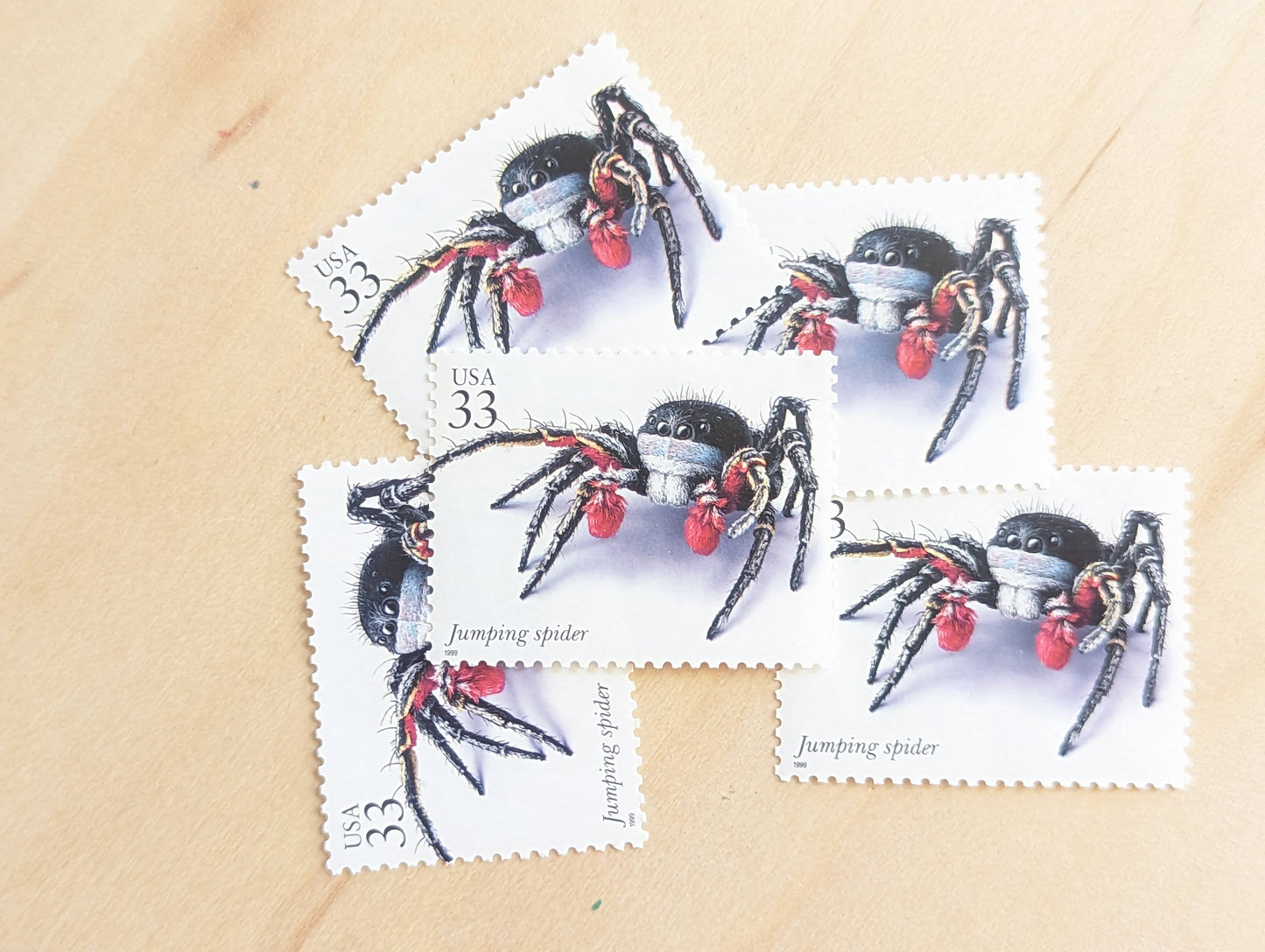 5 Jumping Spider Stamps, 33 Cent, 1999, Unused Postage Stamps, Insects and Spiders