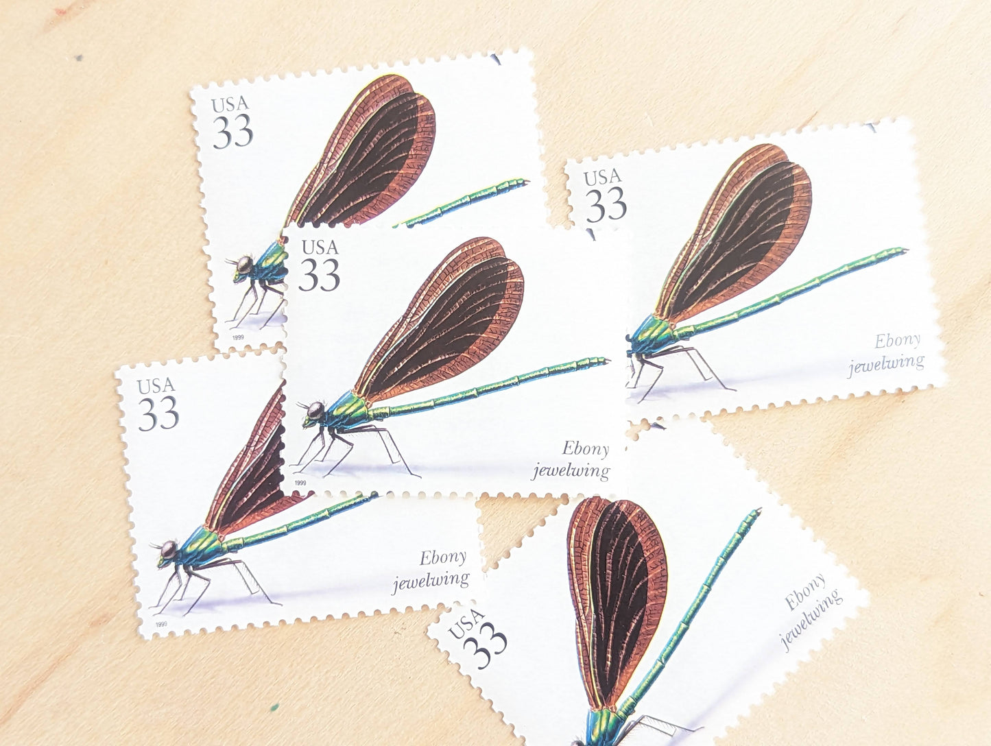 5 Ebony Jewelwing Stamps, 33 Cent, 1999, Unused Postage Stamps, Insects and Spiders