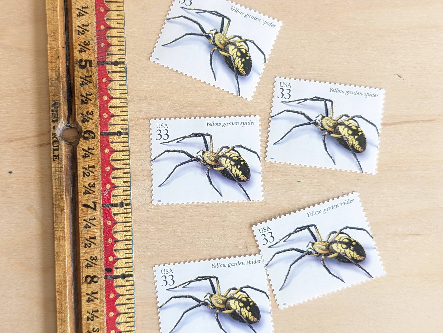 5 Yellow Garden Spider Stamps, 33 Cent, 1999, Unused Postage Stamps, Insects and Spiders