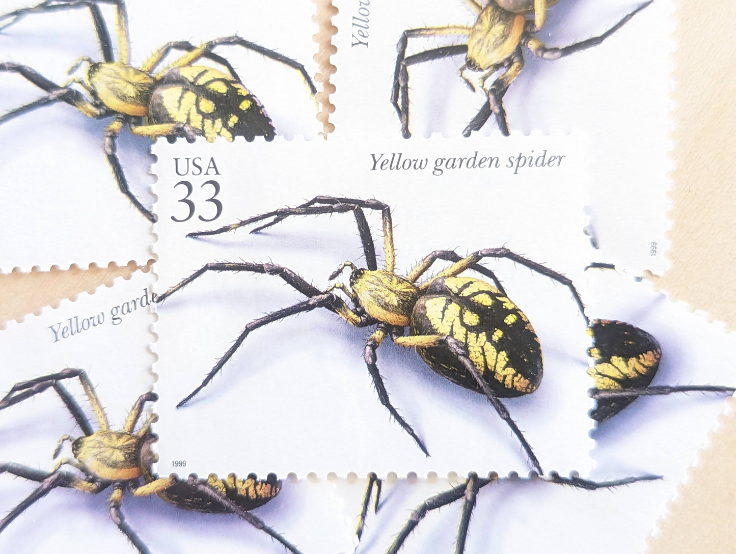 5 Yellow Garden Spider Stamps, 33 Cent, 1999, Unused Postage Stamps, Insects and Spiders