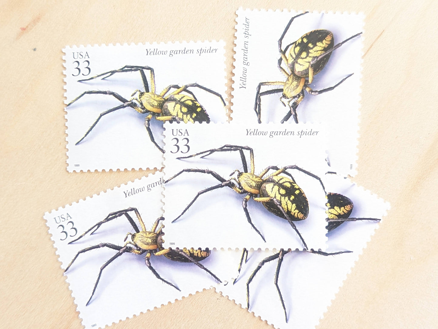 5 Yellow Garden Spider Stamps, 33 Cent, 1999, Unused Postage Stamps, Insects and Spiders