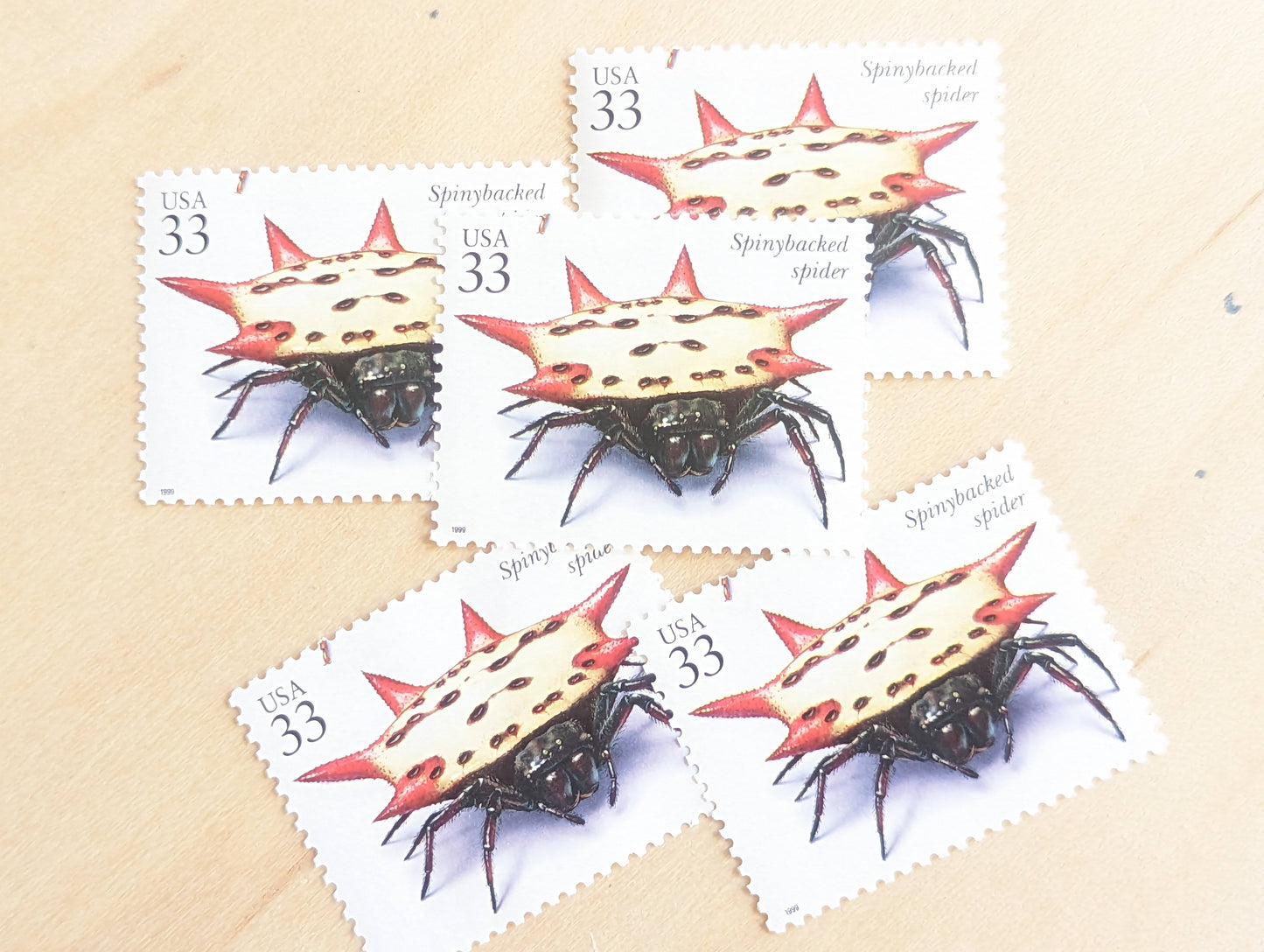 5 Spinybacked Spider Stamps, 33 Cent, 1999, Unused Postage Stamps, Insects and Spiders