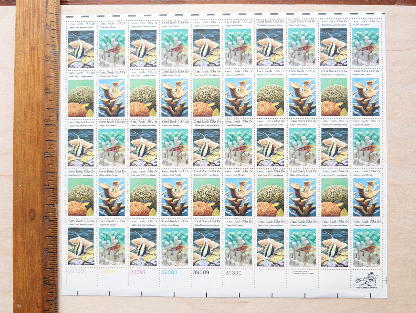 Coral Reefs stamps, 1980 Unused Postage Stamps, 15 Cent Stamps, Finger Coral, Brain Coral, Chalice Coral and Elkhorn Coral