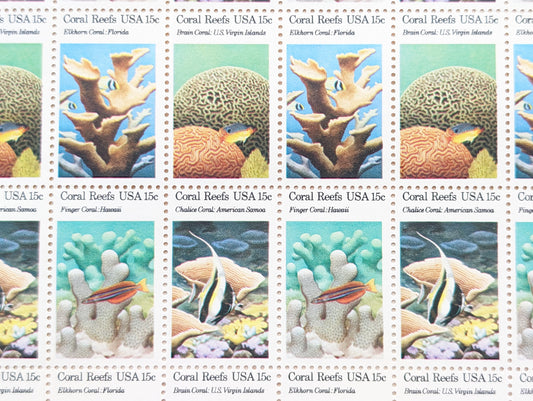 Coral Reefs stamps, 1980 Unused Postage Stamps, 15 Cent Stamps, Finger Coral, Brain Coral, Chalice Coral and Elkhorn Coral