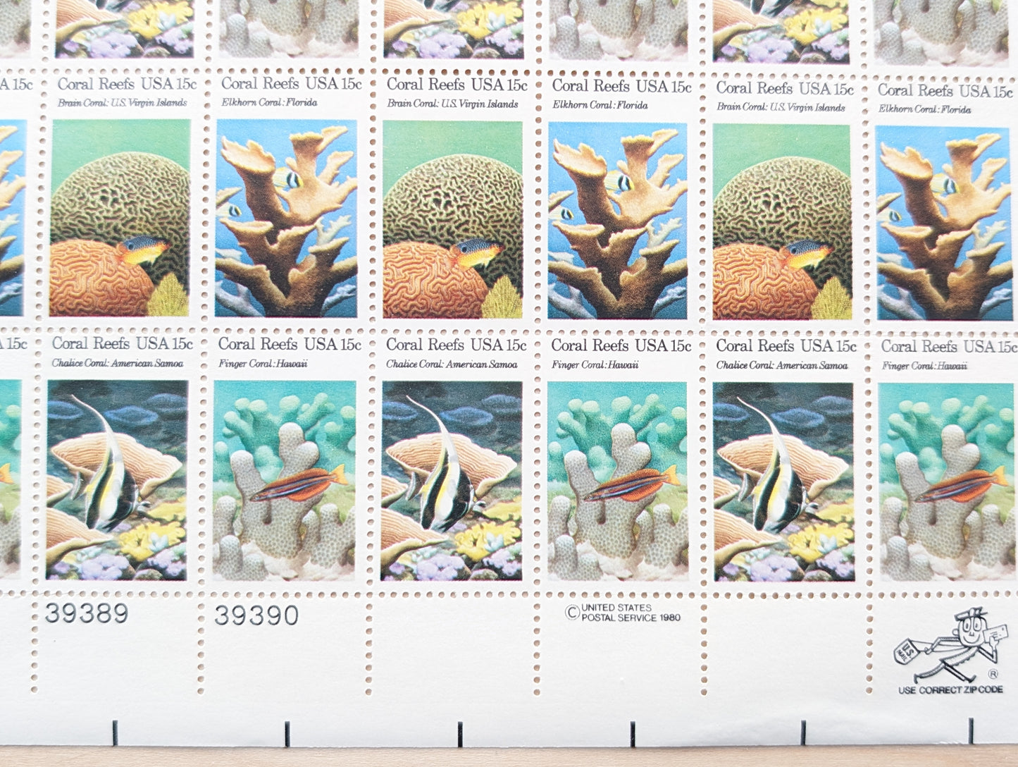 Coral Reefs stamps, 1980 Unused Postage Stamps, 15 Cent Stamps, Finger Coral, Brain Coral, Chalice Coral and Elkhorn Coral