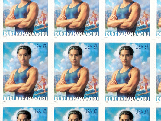 Duke Kahanamoku, Sheet of 20, Vintage Unused USPS 37 Cent Postage Stamps, Duke Kahanamoku Stamps, 2001, Self-Adhesive