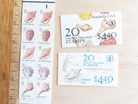 Seashells, Booklet of 20, Vintage Unused USPS 22 Cent Postage Stamps, Beach Wedding, 1985, Gummed