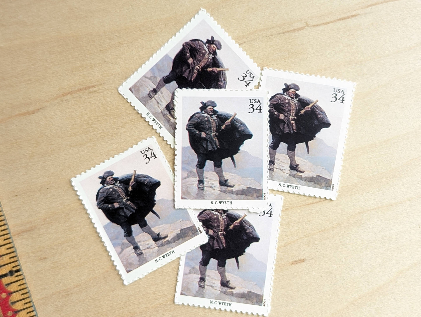 5 Newell Convers Wyeth Stamps, Captain Bill Bones, 34 Cent, American Illustrators, Unused US Postage Stamps, 2000