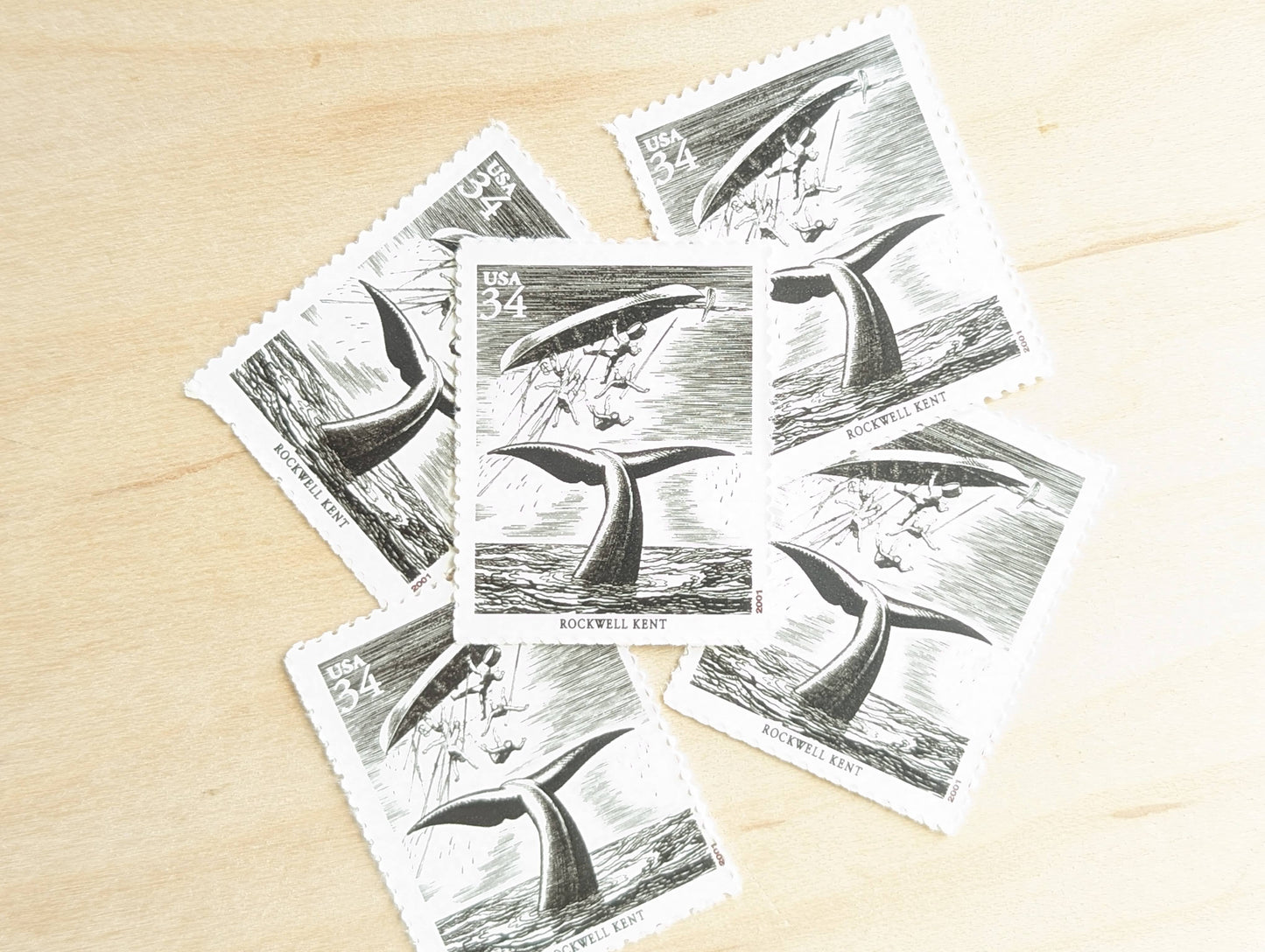 5 Rockwell Kent Stamps, Moby Dick, 34 Cent, American Illustrators, Unused US Postage Stamps, 2000