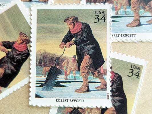 5 Robert Fawcett Stamps, Carrier Corporation Refrigeration Advertisement, 34 Cent, American Illustrators, Unused US Postage Stamps, 2000