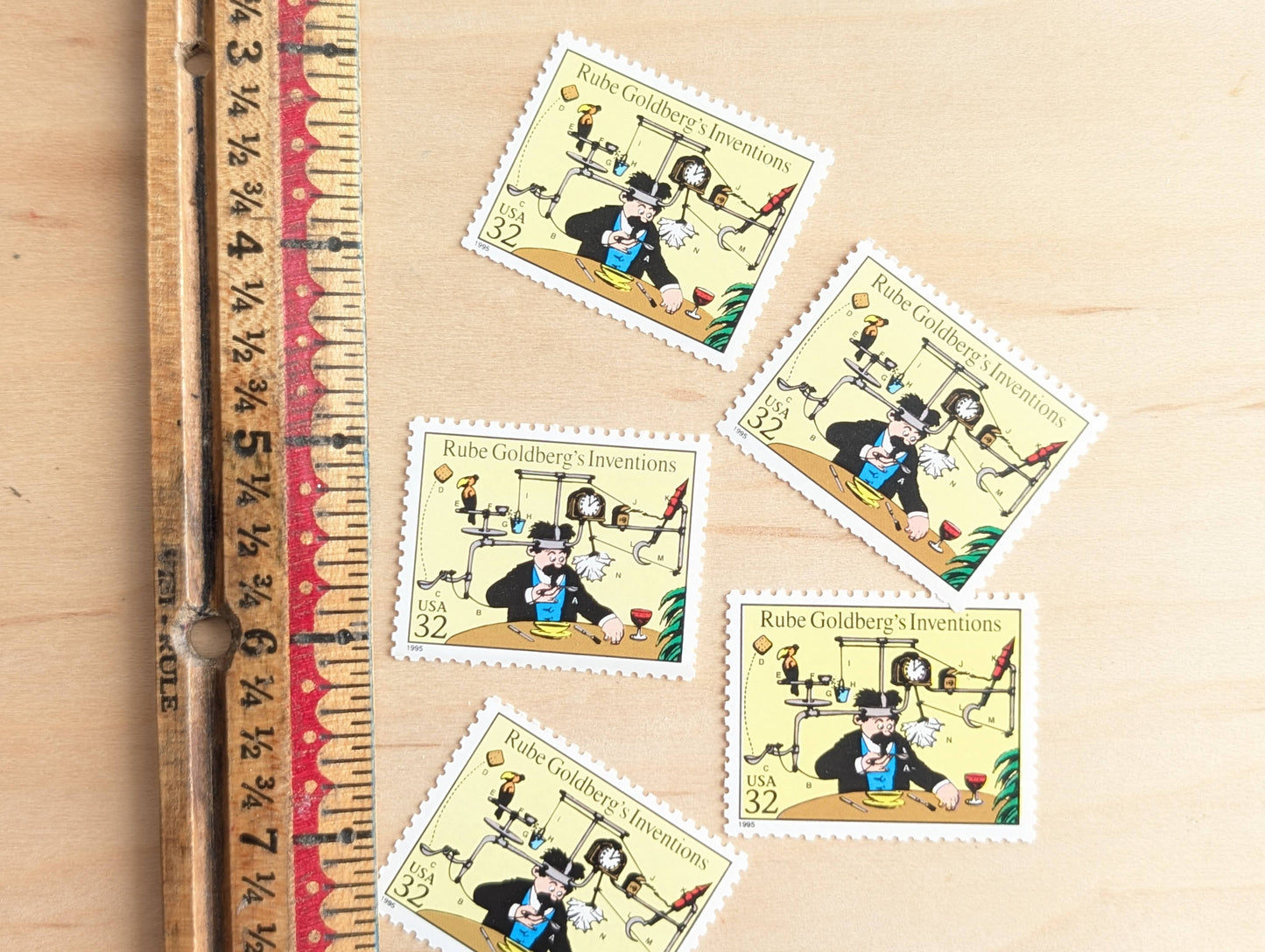 5 Rube Goldberg's Inventions Stamps, 32 Cent, 1995 Comic Strip Classics, Unused Postage Stamps