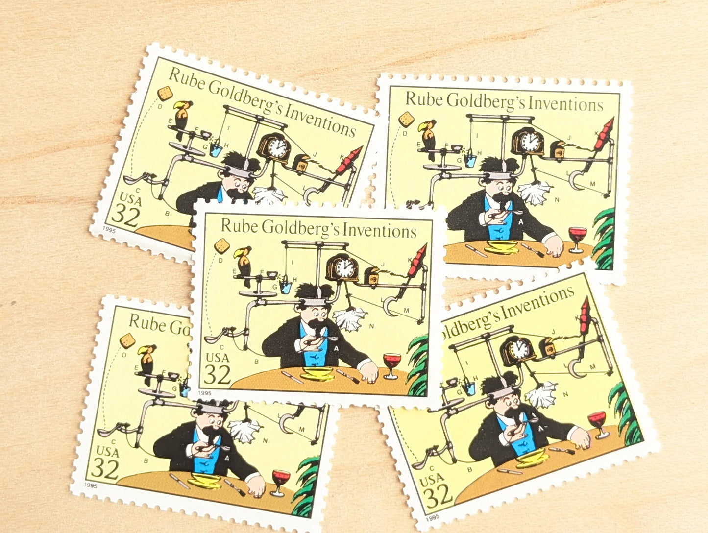 5 Rube Goldberg's Inventions Stamps, 32 Cent, 1995 Comic Strip Classics, Unused Postage Stamps