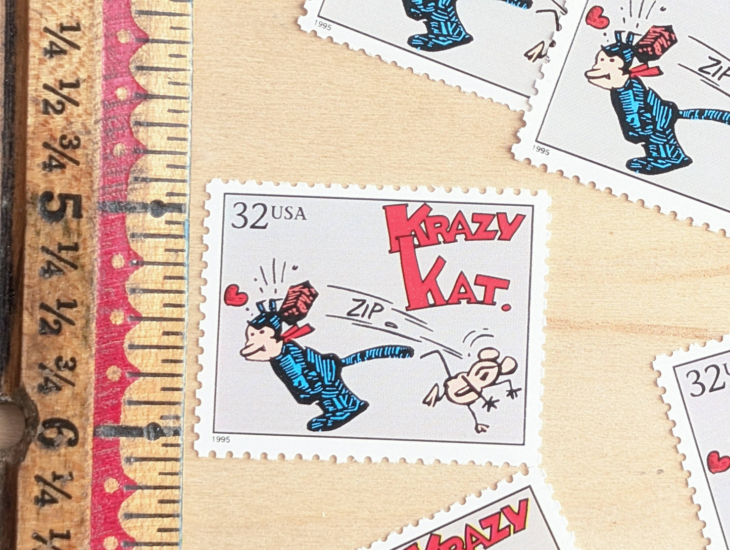 5 Krazy Kat Stamps, 32 Cent, 1995 Comic Strip Classics, Unused Postage Stamps