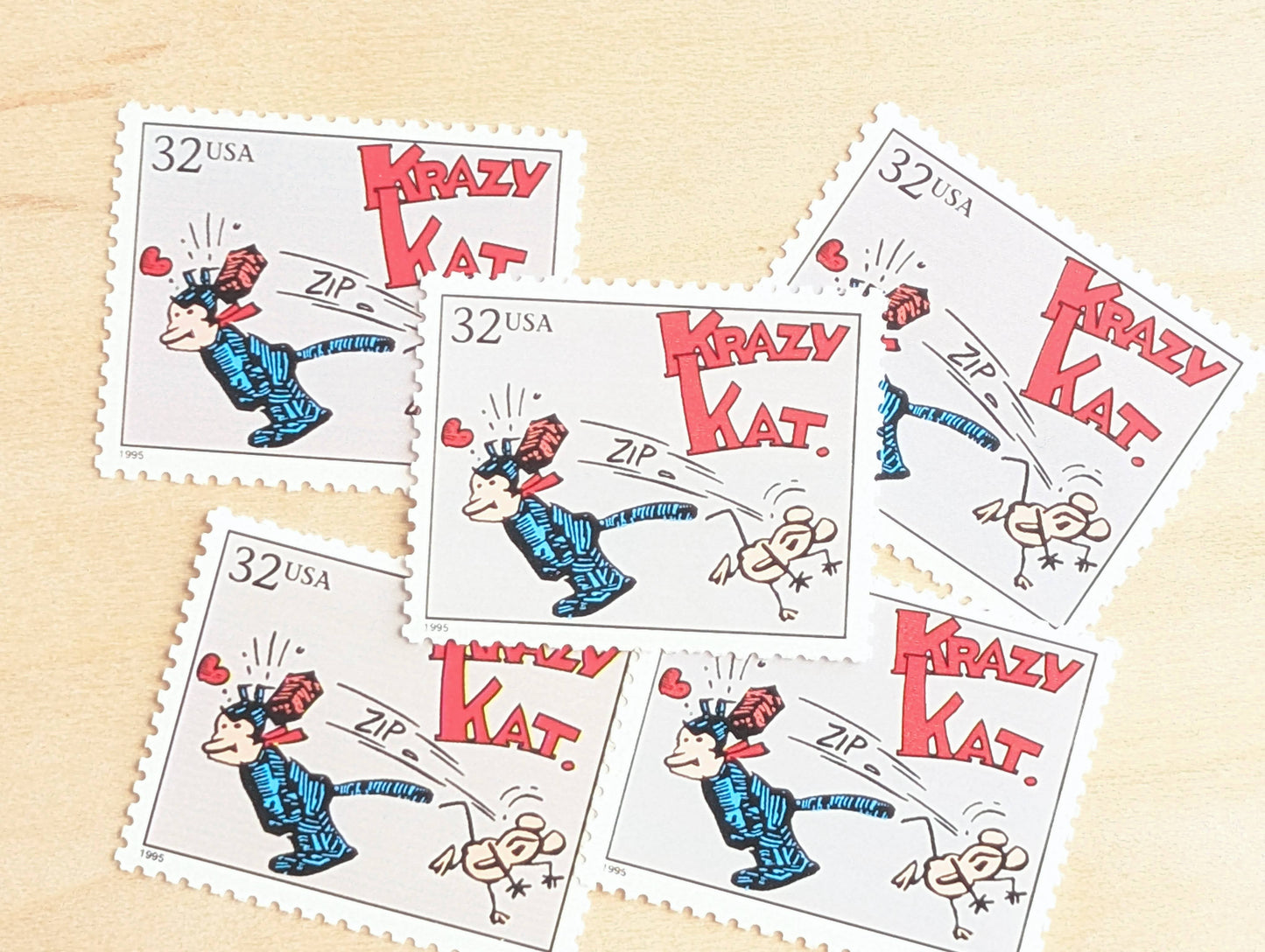 5 Krazy Kat Stamps, 32 Cent, 1995 Comic Strip Classics, Unused Postage Stamps