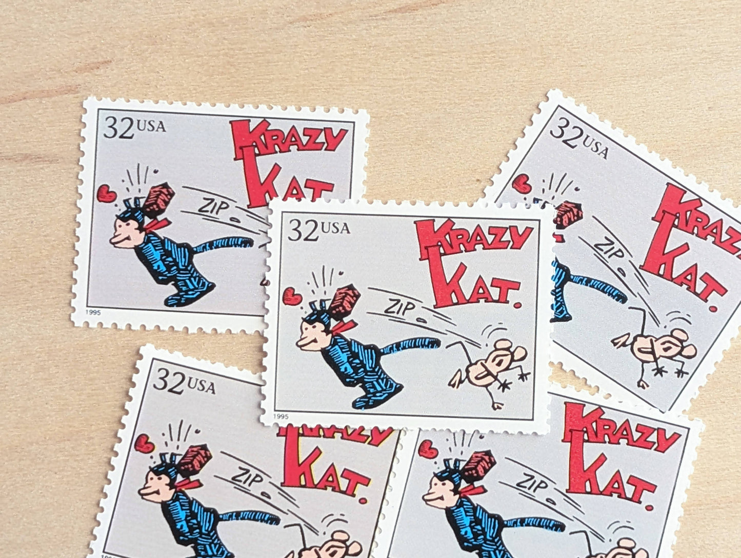 5 Krazy Kat Stamps, 32 Cent, 1995 Comic Strip Classics, Unused Postage Stamps