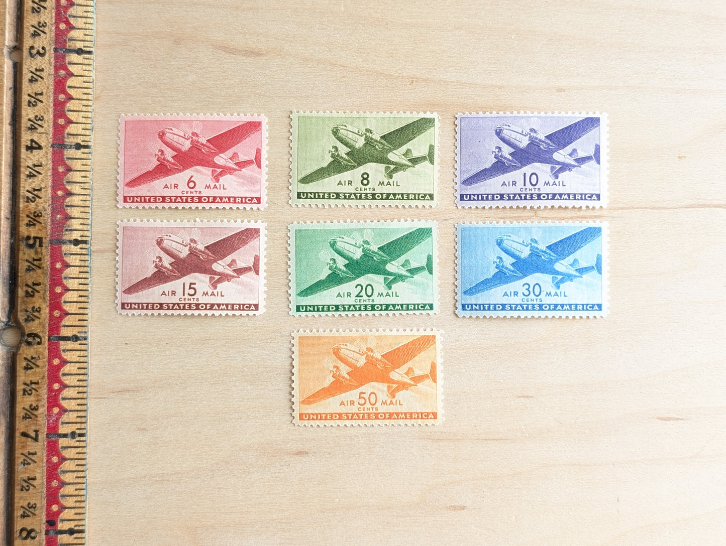 Air Mail Collection of 7 Stamps, 6 to 50 Cent Stamps from 1941 to 1944, Airplane Postage Stamps, MNH