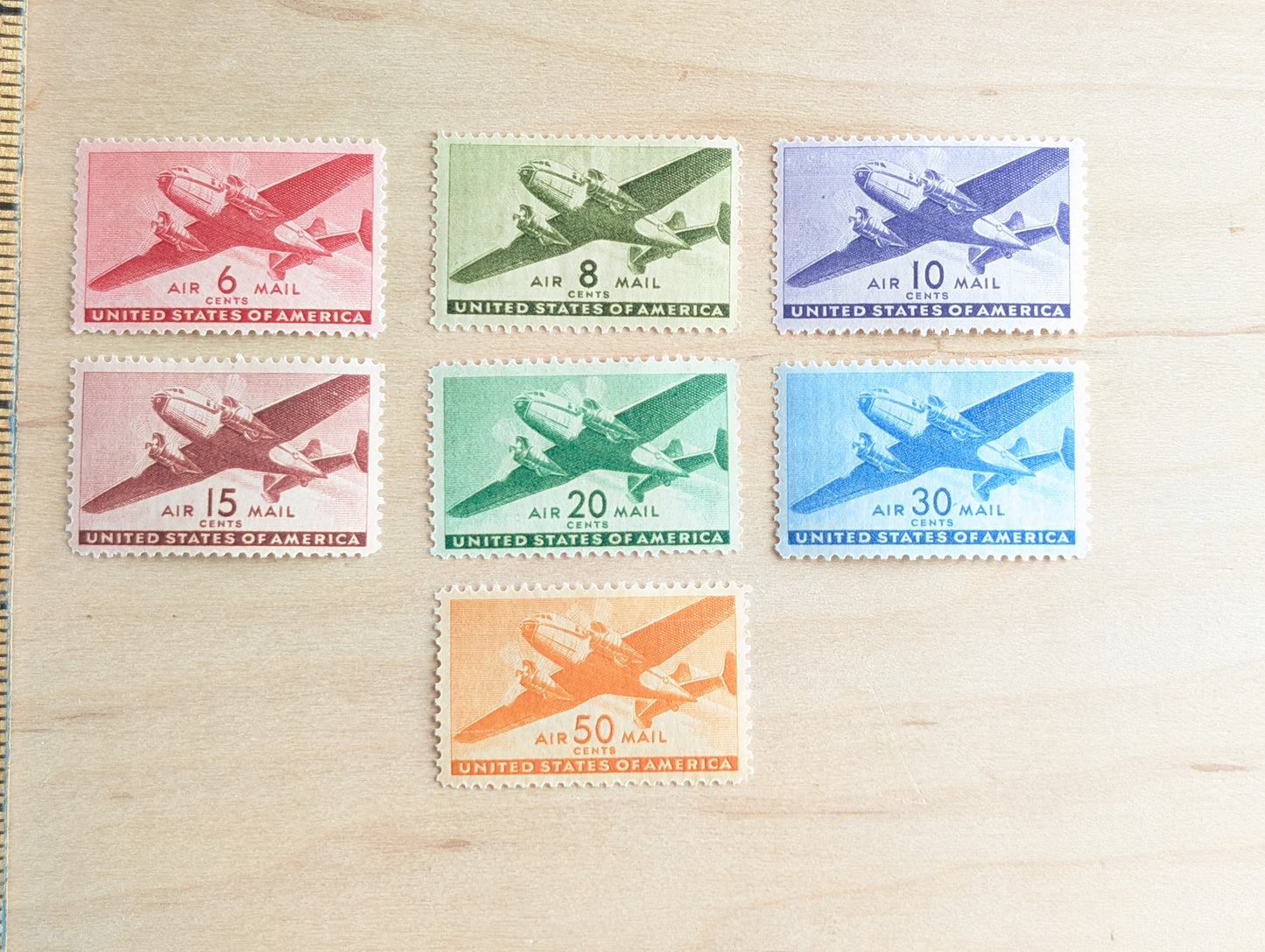 Air Mail Collection of 7 Stamps, 6 to 50 Cent Stamps from 1941 to 1944, Airplane Postage Stamps, MNH