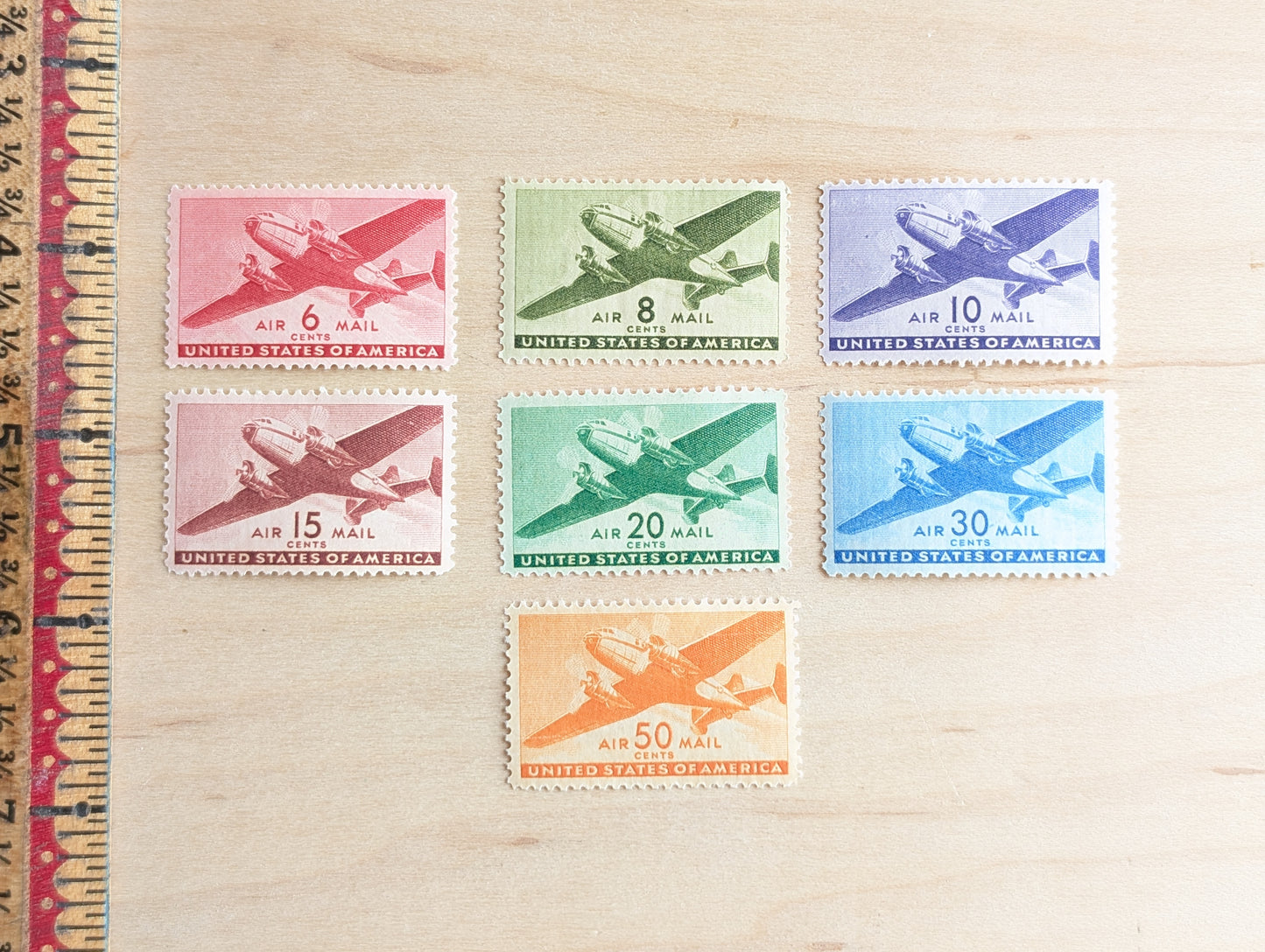 Air Mail Collection of 7 Stamps, 6 to 50 Cent Stamps from 1941 to 1944, Airplane Postage Stamps, MNH