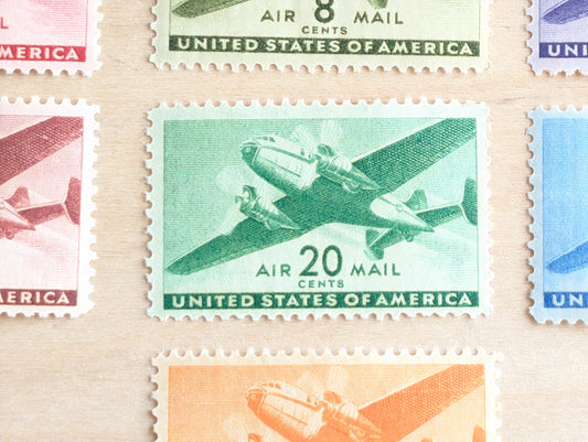 Air Mail Collection of 7 Stamps, 6 to 50 Cent Stamps from 1941 to 1944, Airplane Postage Stamps, MNH