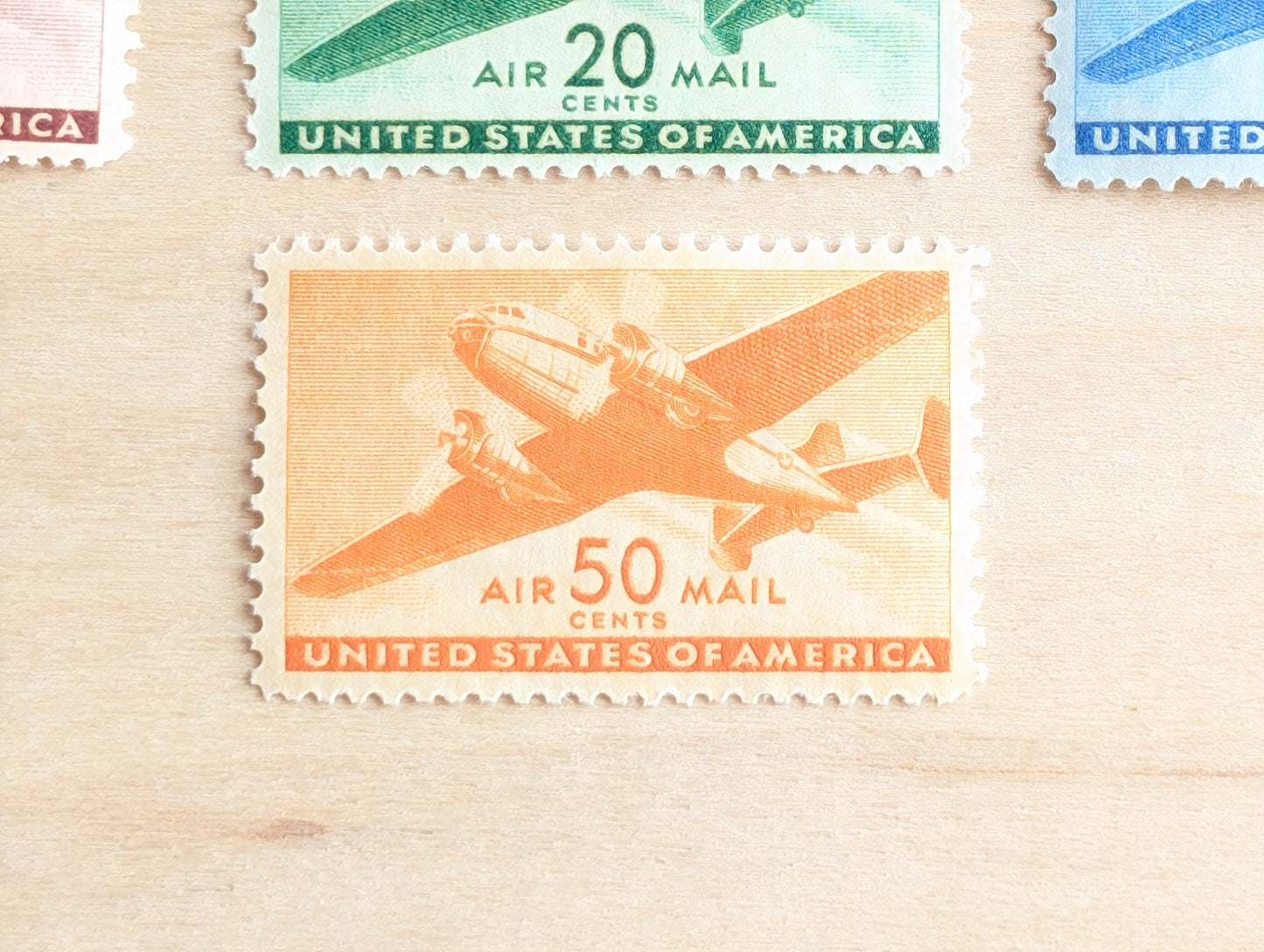 Air Mail Collection of 7 Stamps, 6 to 50 Cent Stamps from 1941 to 1944, Airplane Postage Stamps, MNH