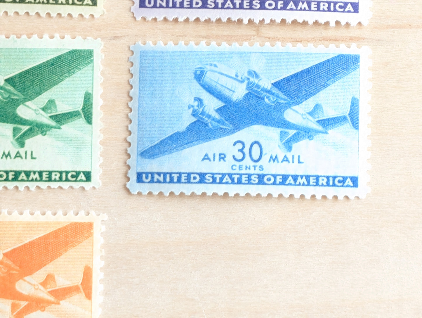 Air Mail Collection of 7 Stamps, 6 to 50 Cent Stamps from 1941 to 1944, Airplane Postage Stamps, MNH