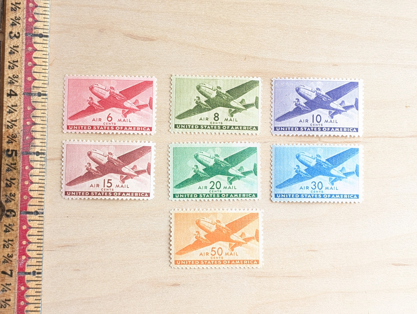 Air Mail Collection of 7 Stamps, 6 to 50 Cent Stamps from 1941 to 1944, Airplane Postage Stamps, MNH