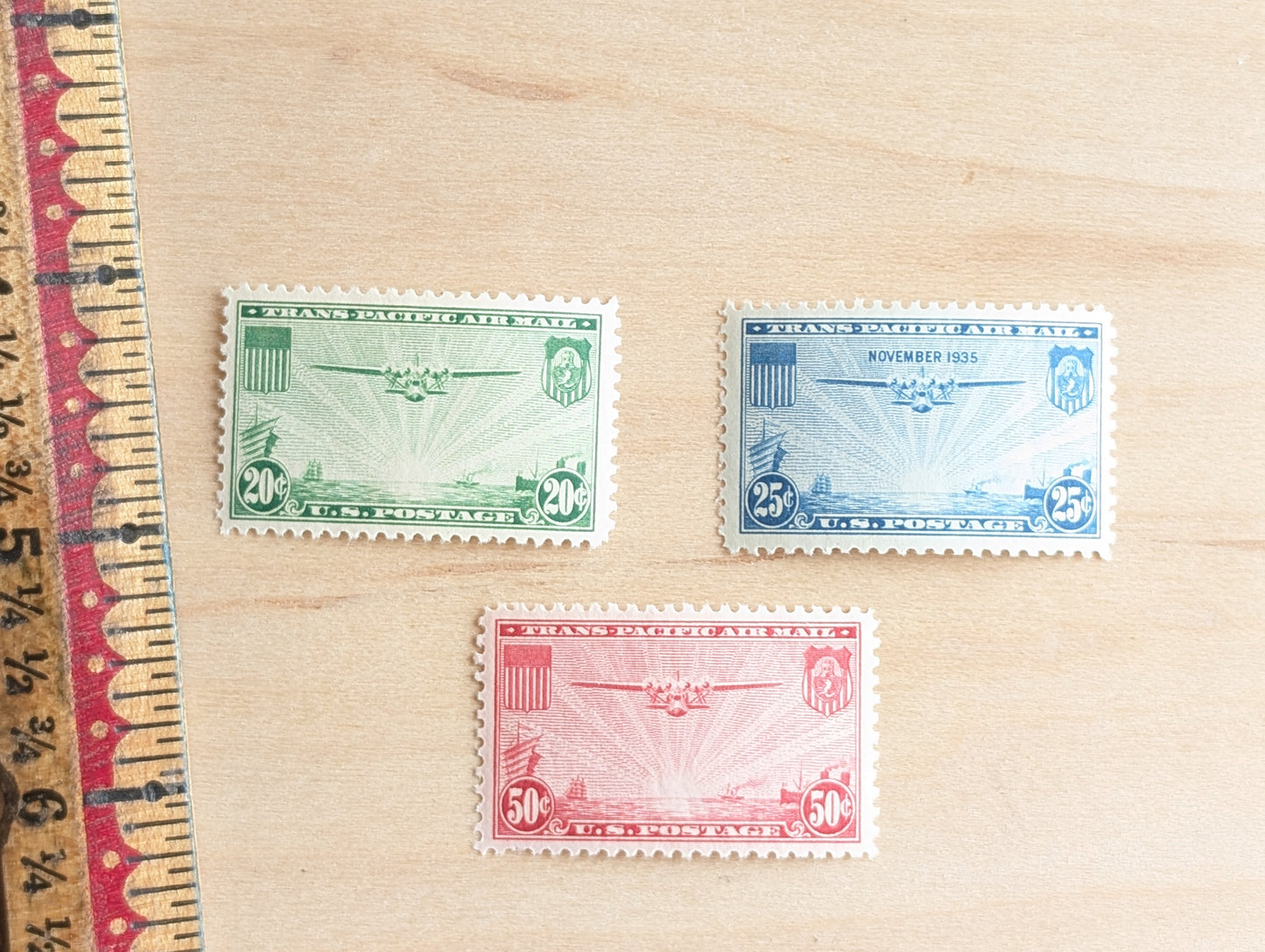 Trans-Pacific Air Mail Collection of 7 Stamps, 20, 25 and 50 Cent Stamps from 1935, Airplane Postage Stamps, MNH