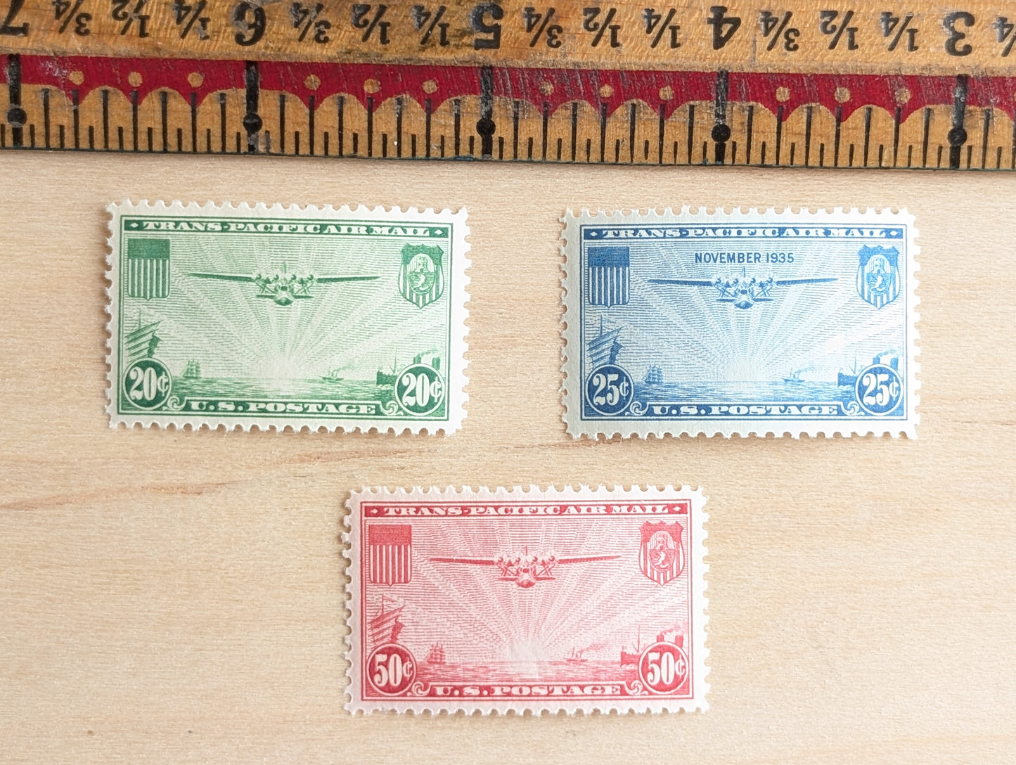 Trans-Pacific Air Mail Collection of 7 Stamps, 20, 25 and 50 Cent Stamps from 1935, Airplane Postage Stamps, MNH