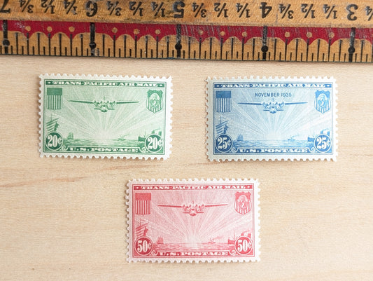 Trans-Pacific Air Mail, Collection of 7, Vintage Unused USPS 20, 25, and 50 Cent Postage Stamps, Airplane Postage Stamps, 1935, Gummed
