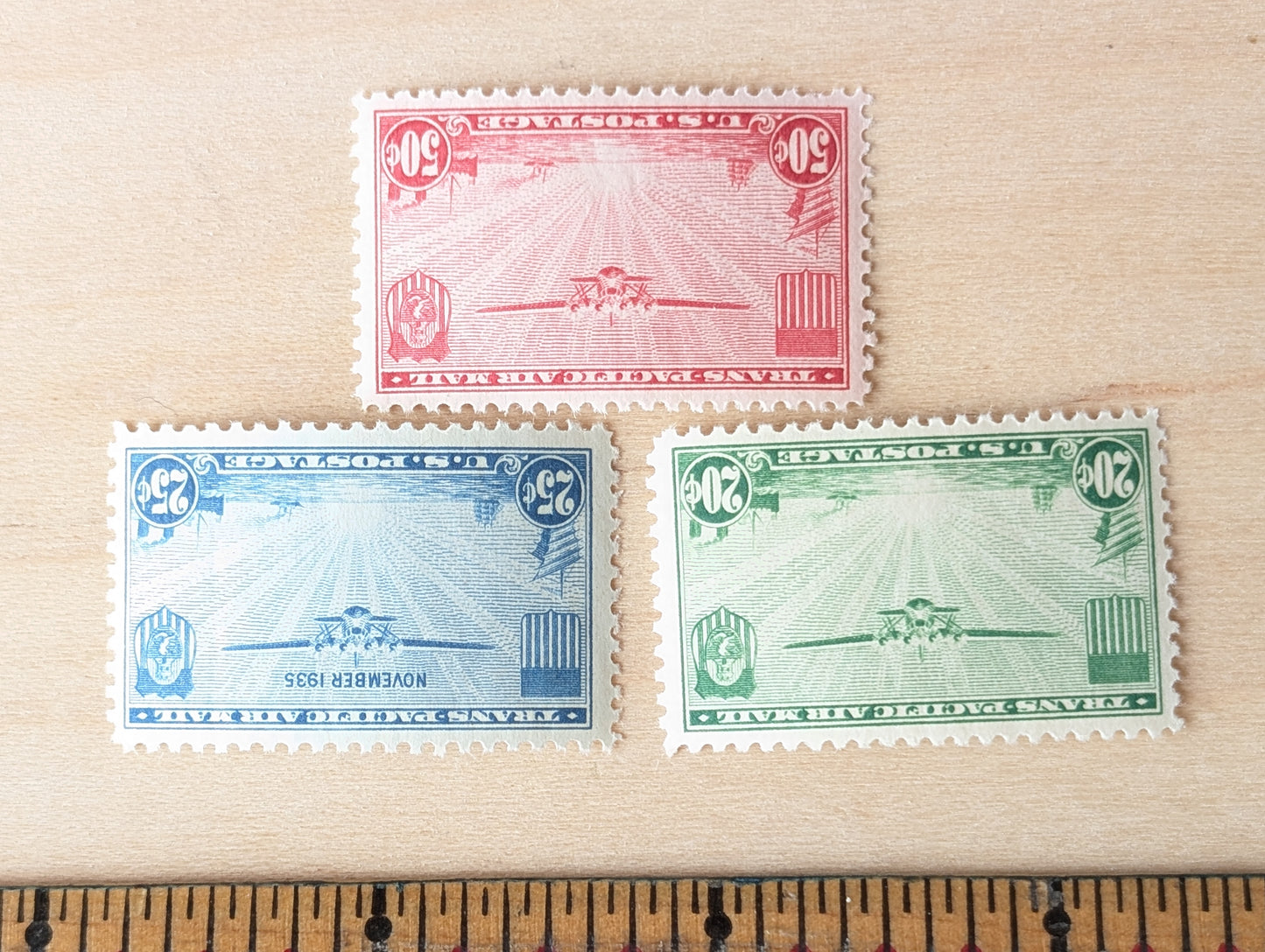 Trans-Pacific Air Mail Collection of 7 Stamps, 20, 25 and 50 Cent Stamps from 1935, Airplane Postage Stamps, MNH