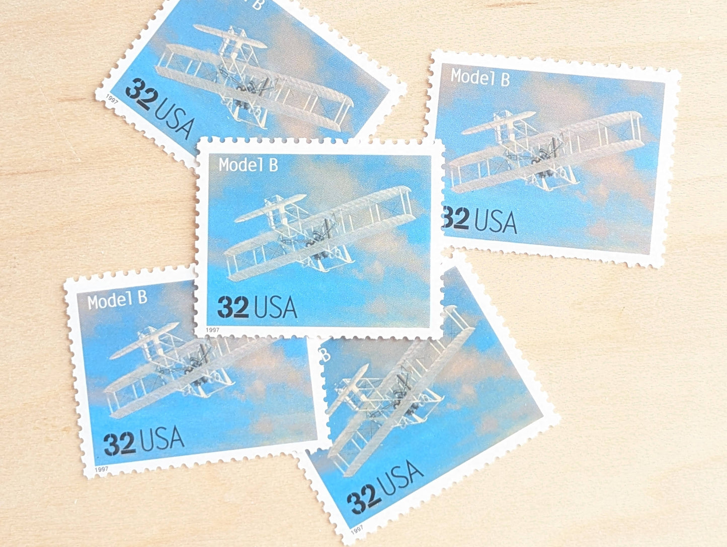 Model B Classic American Aircraft, Set of 5, Vintage Unused USPS 32 Cent Postage Stamps, Classic American Aircraft Stamps, 1996, Gummed